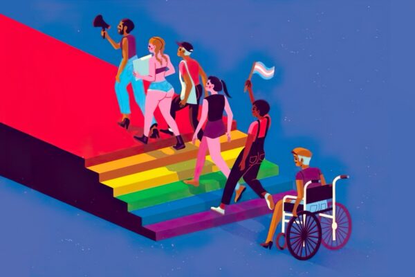Una grafica di una scala a gradini su cui salgono diverse persone come in una marcia. Ogni gradino è di un diverso colore della bandiera arcobaleno. La persona in fondo alla fila è seduta in carrozzina e rimane alla base della scala.