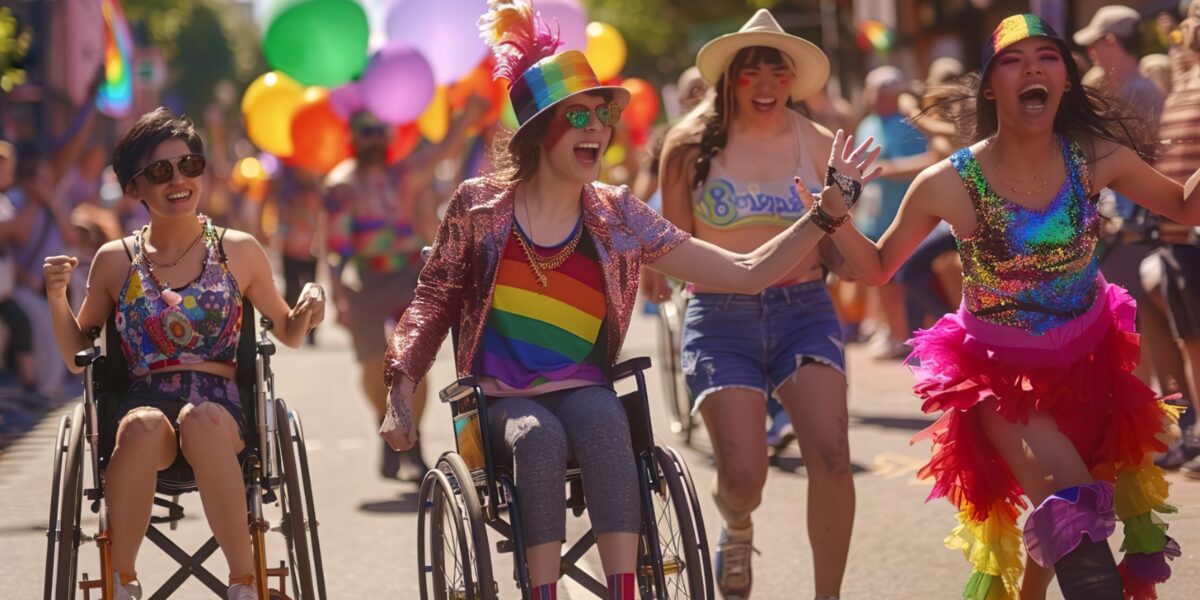 Una vivace scena di parata alla quale partecipano diverse persone su sedia a rotelle, accompagnate da altre che camminano accanto a loro. I partecipanti sono vestiti in modo colorato, alcuni indossano accessori arcobaleno, a significare l'orgoglio LGBTQ+.