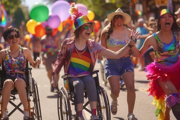 Una vivace scena di parata alla quale partecipano diverse persone su sedia a rotelle, accompagnate da altre che camminano accanto a loro. I partecipanti sono vestiti in modo colorato, alcuni indossano accessori arcobaleno, a significare l'orgoglio LGBTQ+.
