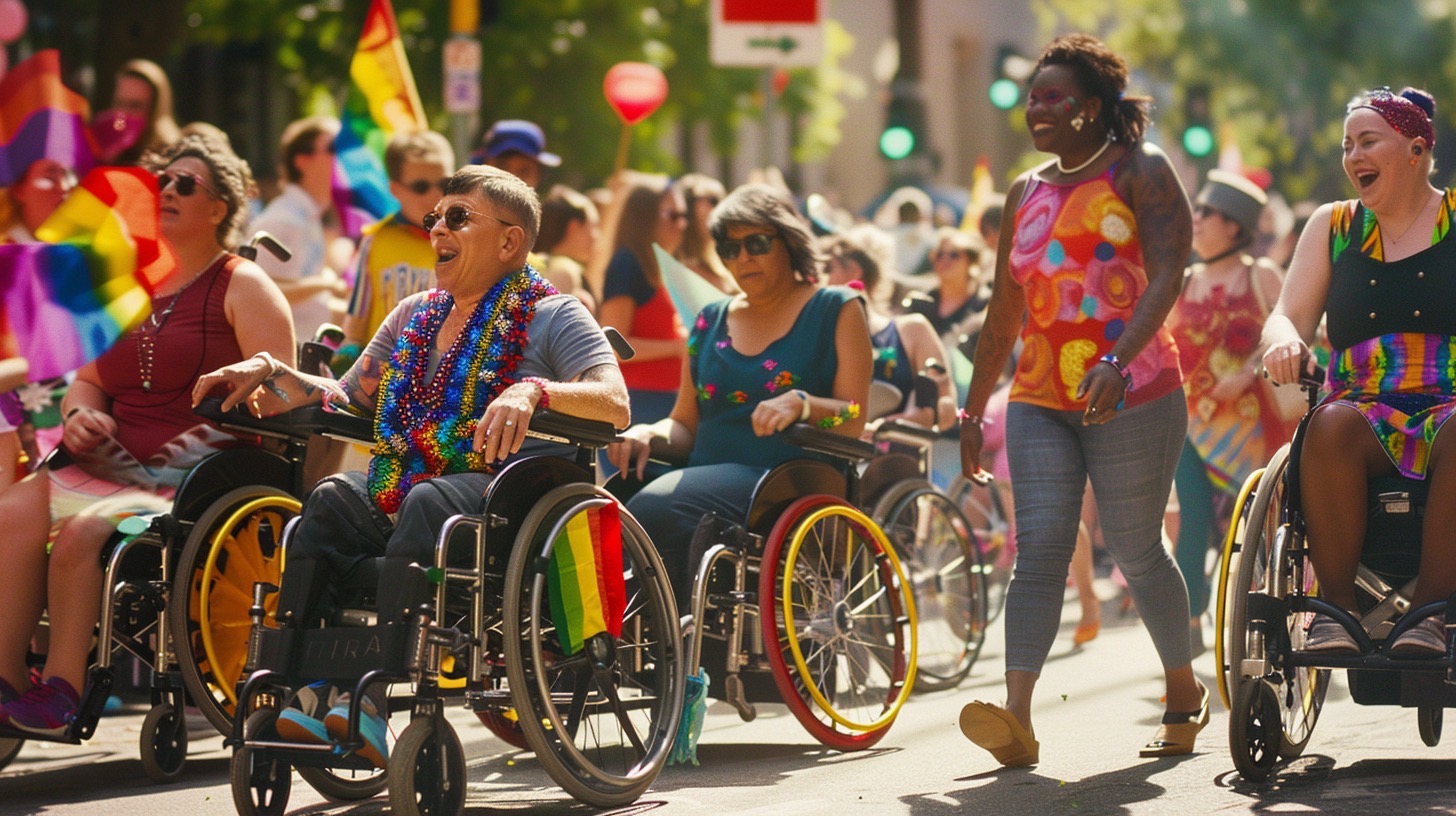 Alcune persone in carrozzina durante una parata di un evento Pride, in un luminoso pomeriggio. La folla lungo la strada appare allegra, catturando lo spirito di inclusività e celebrazione.